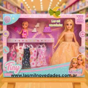 MUÑECA EN CAJA TINY FASHION **5 VESTIDOS Y UN BEBE** con accesorios