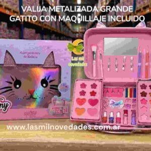 VALIJA METALIZADA *GRANDE* GATITO CON MAQUILLAJE INCLUIDO