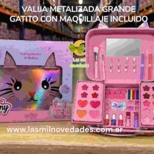 VALIJA METALIZADA *GRANDE* GATITO CON MAQUILLAJE INCLUIDO