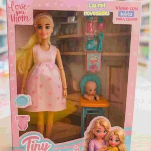 MUÑECA EN CAJA TINY "MAMA EMBARAZADA, CON SILLITA DE COMER Y BEBE"
