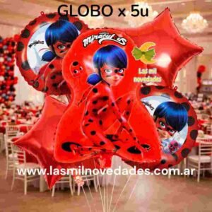 GLOBO 5 PIEZAS "LADY BUG MIRACULUS" Globo principal 70 cms aprox y 4 de 45 cms aprox