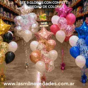 SET 9 GLOBOS CON CONFETTI variedad de colores - Imagen 1