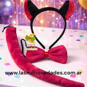 SET VINCHA MOÑO Y COLA DISFRAZ animalitos o personaje variedad diablito etc - Imagen 1