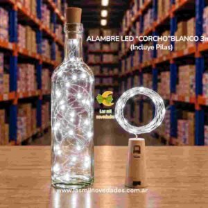 ALAMBRE LED "CORCHO" 3 mts "BLANCO" incluye pilas