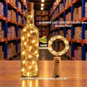 ALAMBRE LED "CORCHO" 3 mts "CALIDO" incluye pilas